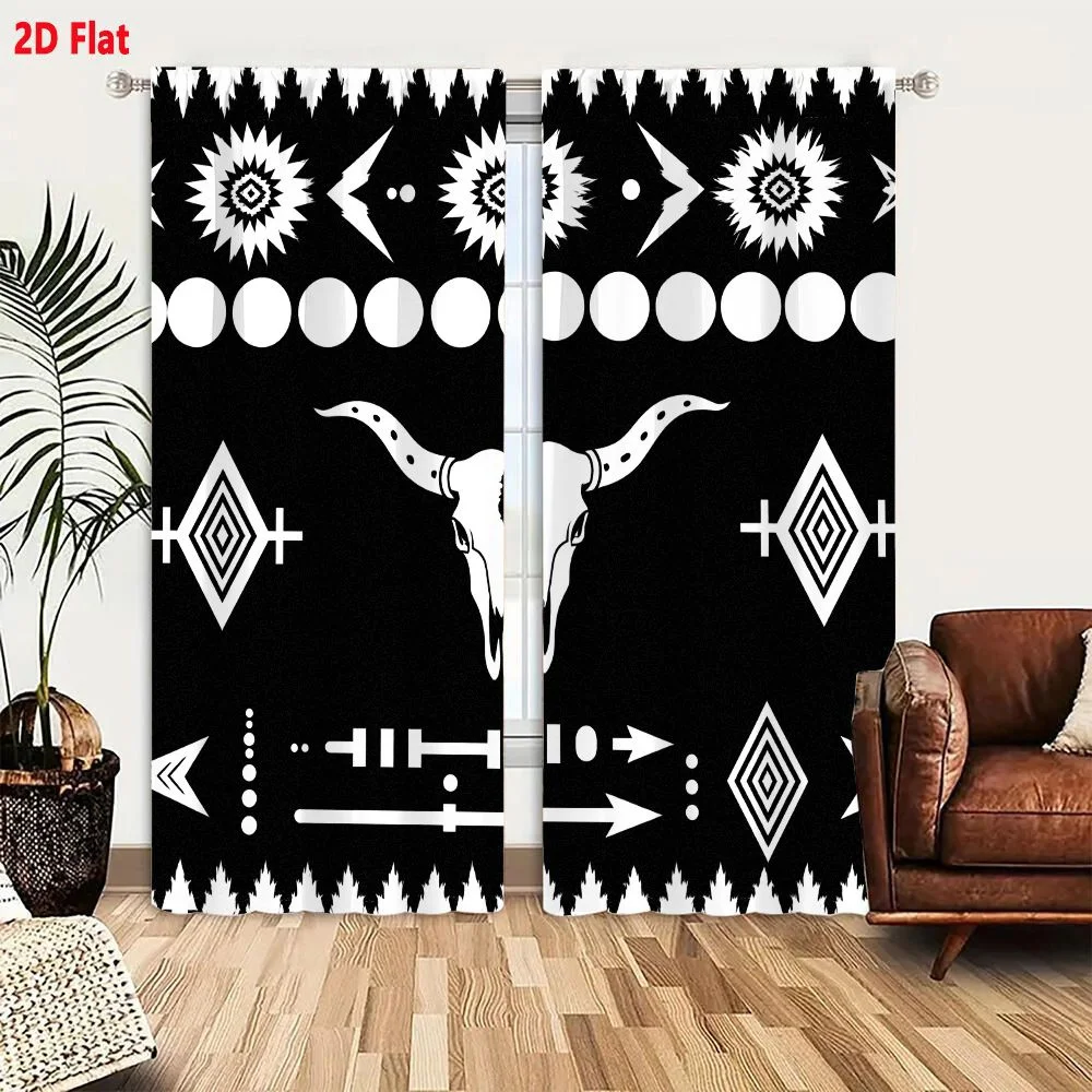 2Pcs Curtains 2D Flat Black And White Geometric Tribal Pattern With Steer Skull Floral Sunburst Arrow Shapes And Pine Tree Desig