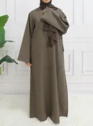 Modest Closed Plain Long Sleeve Abaya Without Hijab With Belt  Basic Islamic Eid Clothes Dress