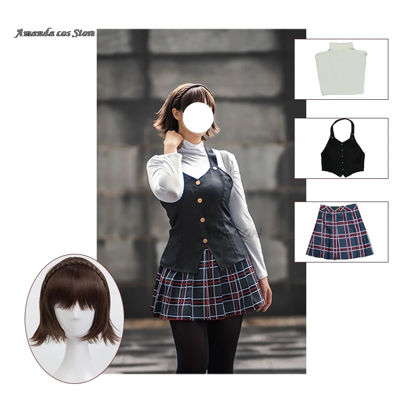 Игра Аниме P5/persona 5, костюм для косплея, комплект королевы Makoto Niijima, комплект для косплея, топ + жилет + юбка + парик, одежда на Хэллоуин, парик Harujuku
