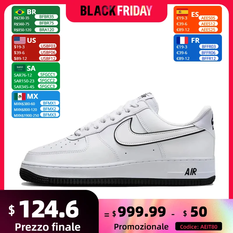 Nike original white and black color Air Force 1 07 low-top plate shoes wear-resistant non-slip men's casual shoes