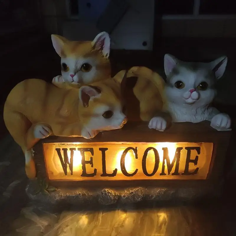 Solar Cat Garden Statue Outdoor Solar Garden Light With Welcome Sign Resin Crafts Ornament Waterproof Luminous Cat Sculpture For