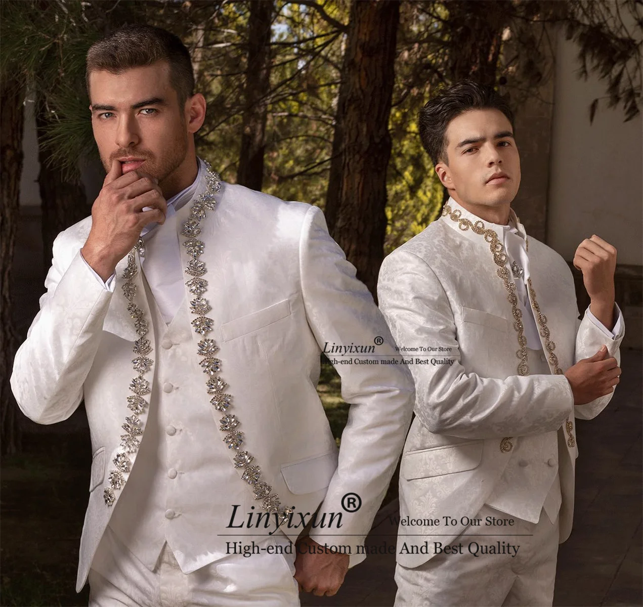 Italian Style Shiny Beaded Men Suits 3 Pieces Sets Groom Tuxedos Shawl Lapel Party Prom Blazer Slim Dinner Wedding Mens Clothing