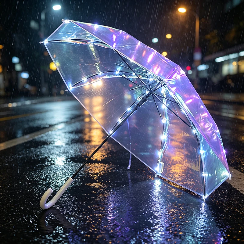 Laser LED Light Up Long Hook Handle Umbrella Iridescent Straight Umbrella for Halloween Night Photography Stage Prop