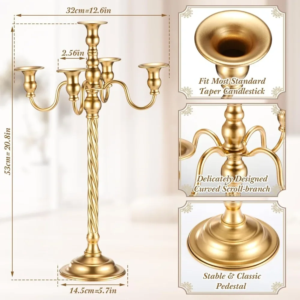 6 Pack Gold Candelabra Bulk Tall Metal Candle Holder Table Centerpieces 5-Arm Taper Candlestick Floral Flower Floor Candle Stand