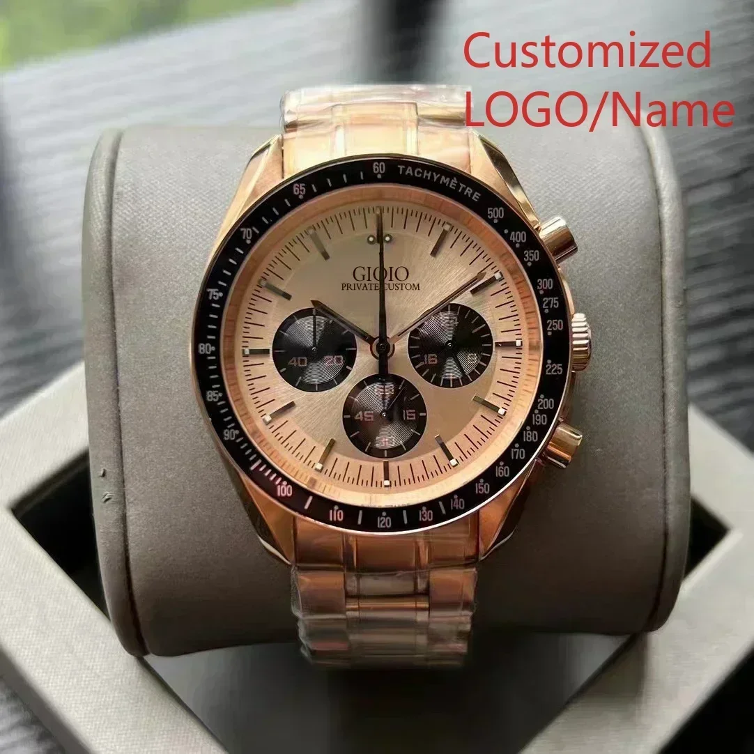 A88 Store Zegarek Męski Kwarcowy Chronograf Sportowy w Kolorze Różowego Złota i Zielonym, Mechanizm VK63, Stal Nierdzewna, Skórzany Pasek, Model 2023, Personalizowany