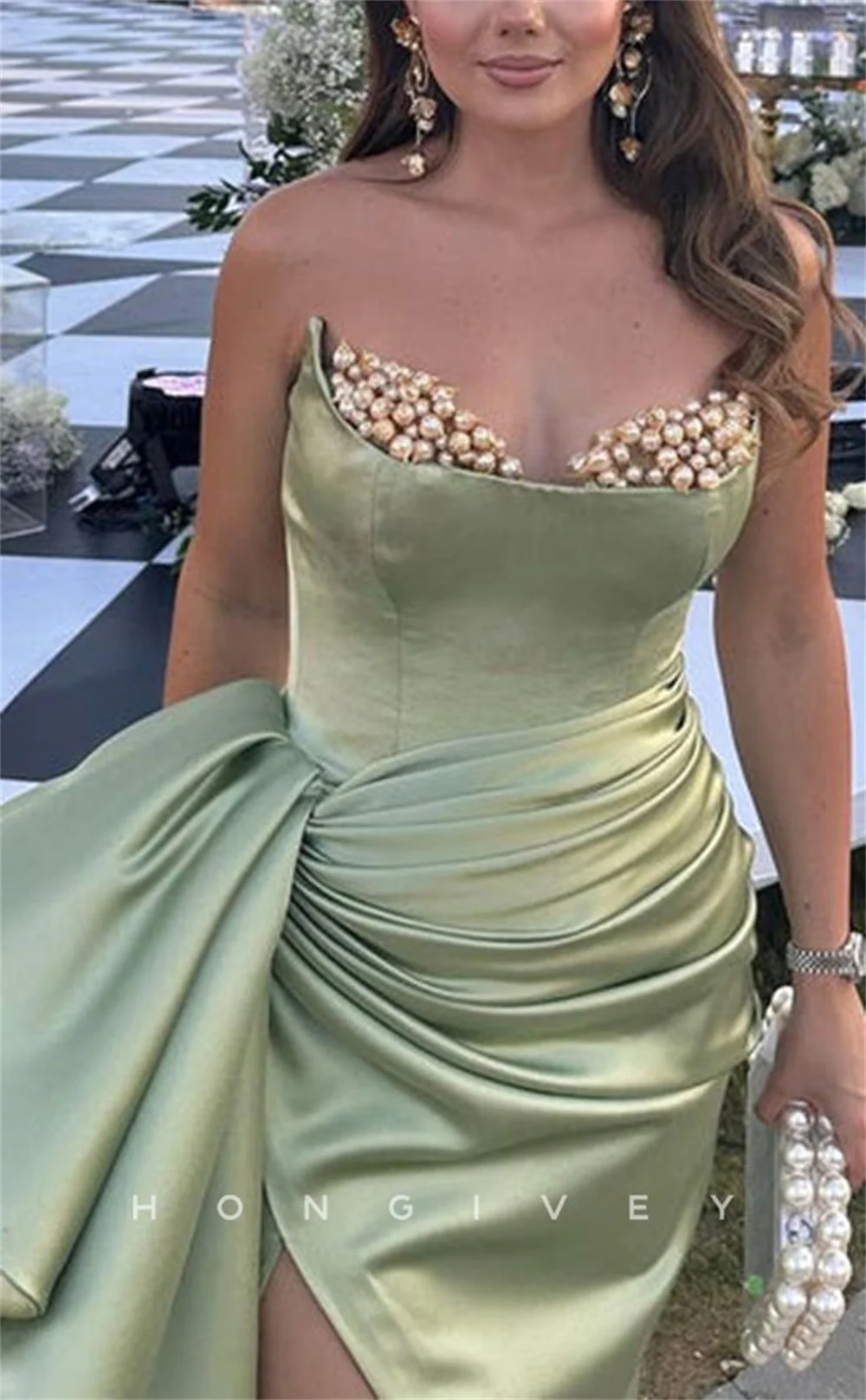 Sansa Mermaid Side fork Prom Dress Sweetheart Neck Strapless Evening Dress Satin Fabric Bow Floor-Length Formal Evening 2024