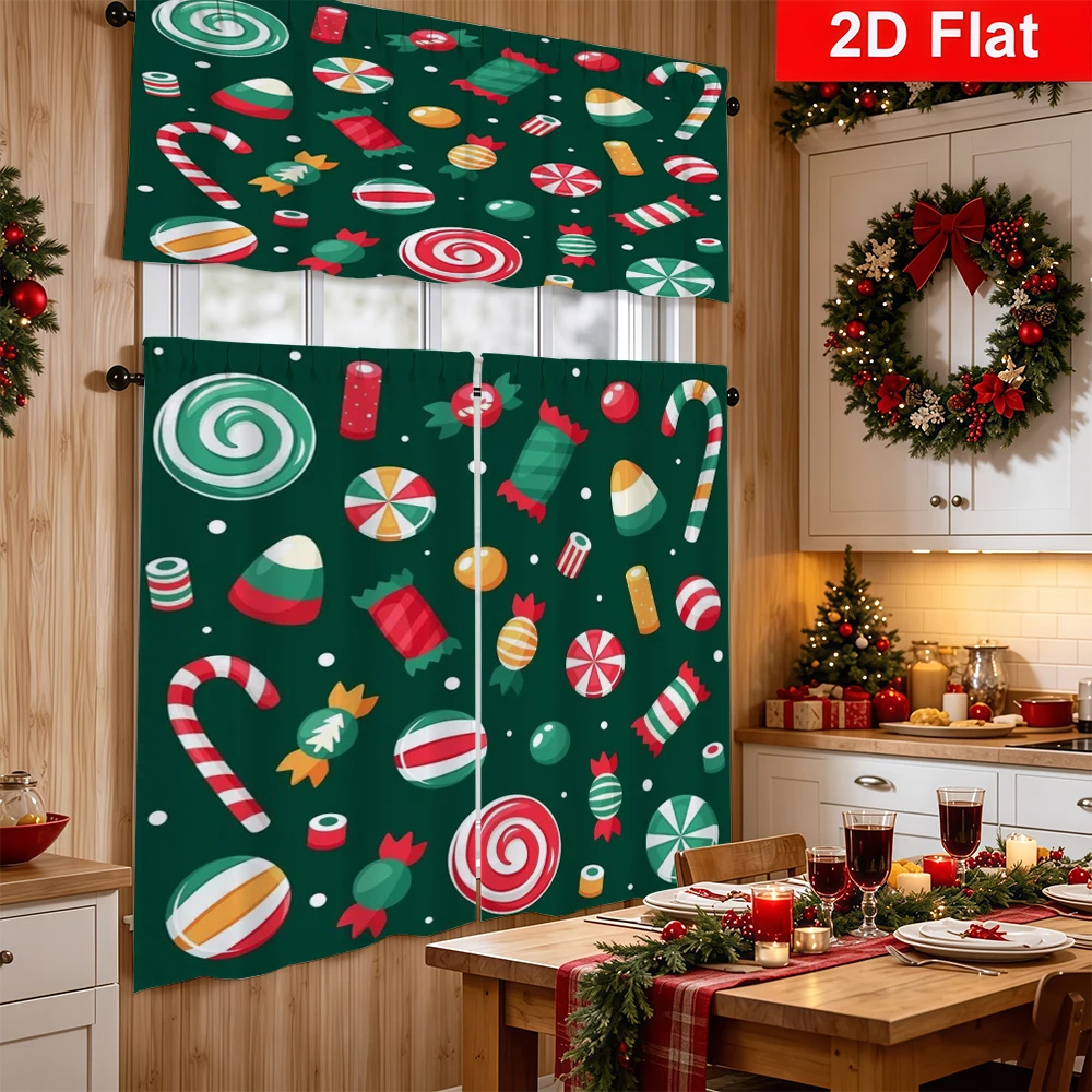 Christmas Kitchen Curtains, Christmas Candy Cane, Digital Print, Kitchen Dining Room, Rod Pocket Polyester, Home Decor