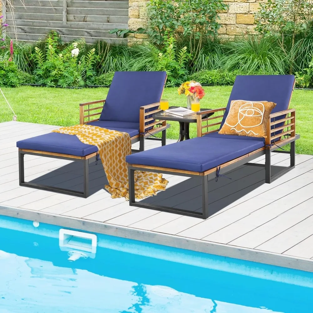 Equipped with 4 adjustable backrests and cushioned lounge chairs, outdoor wooden sunbathing, beach pool side lounge chairs