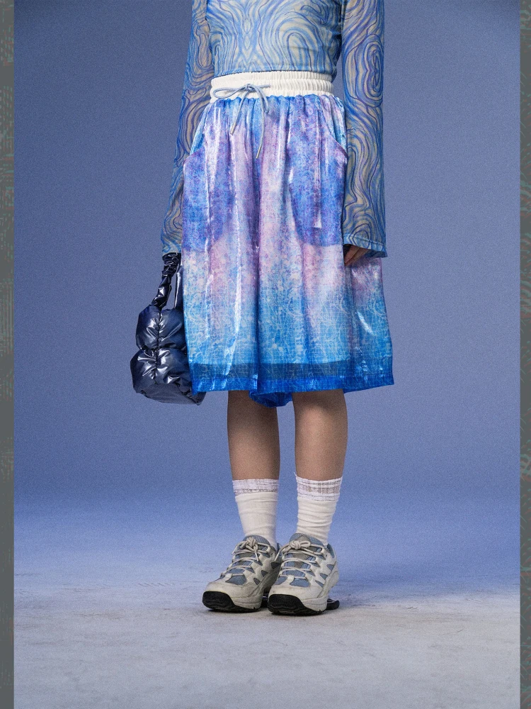 

Monsssstar Original Brand European Organza Print Double Layer Summer Casual orts Visibili Faion Ladies Pants