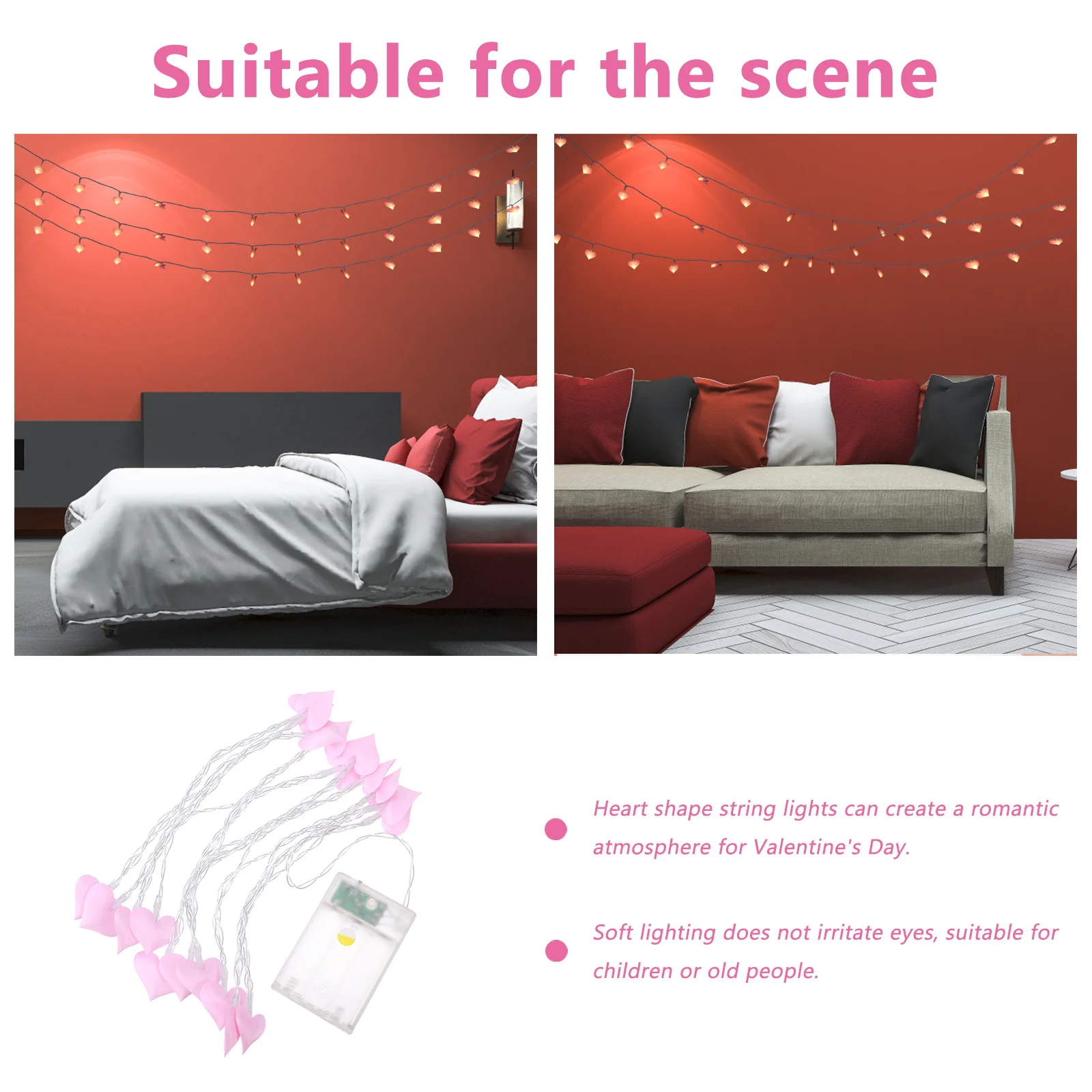 

2Set Heart Shape String Lights LED Romantic Decorative Room Light Durable for Valentine Hotel Bar String Light