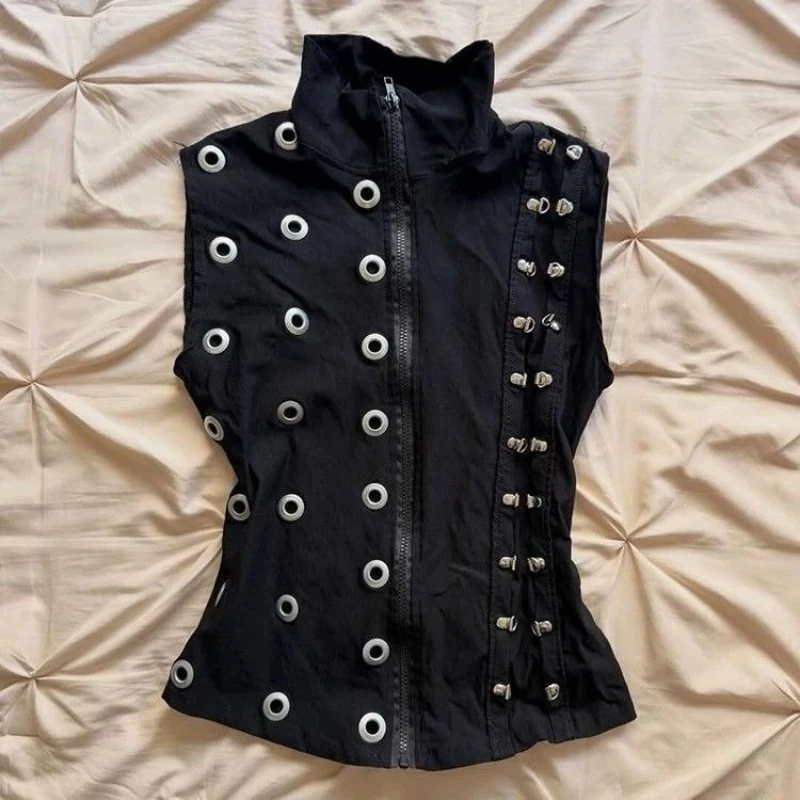 Y2k Vintage Sleeveless Black Vest Metal Ring Patchwork Women Streetwear Bodycon American Retro Tank Top Zipper Spring Summer