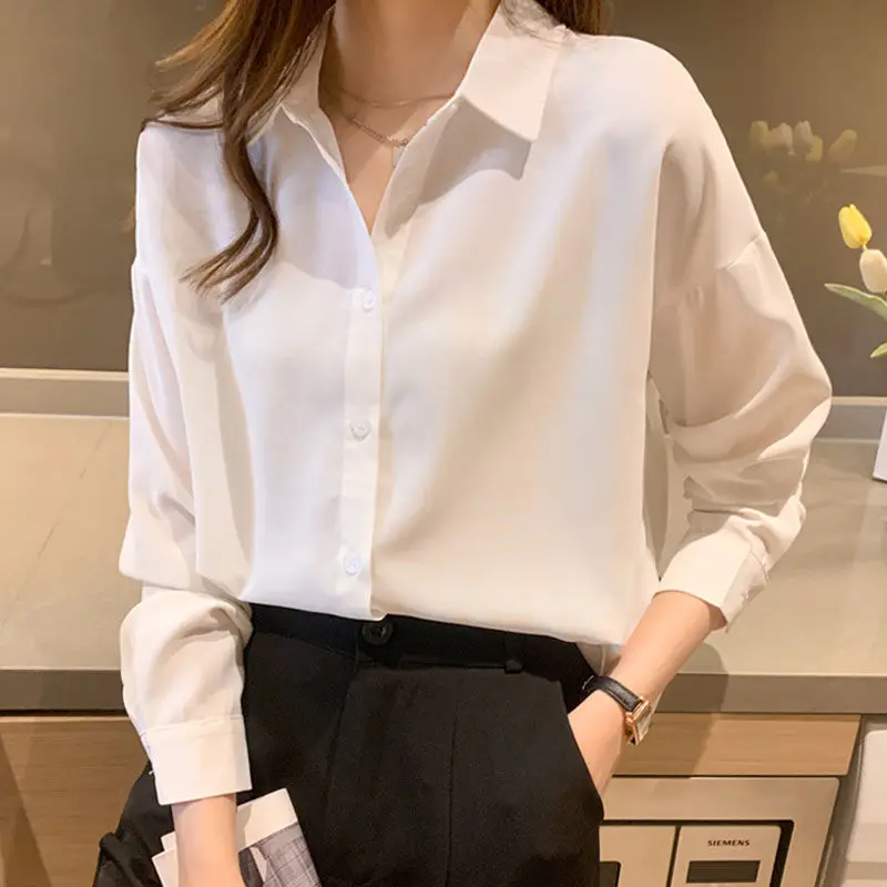 Fashion Solid Color Single-breasted Blouse Women New Classic Long Sleeve Office Polo Collar Casual All-match Lady Shirt 2022