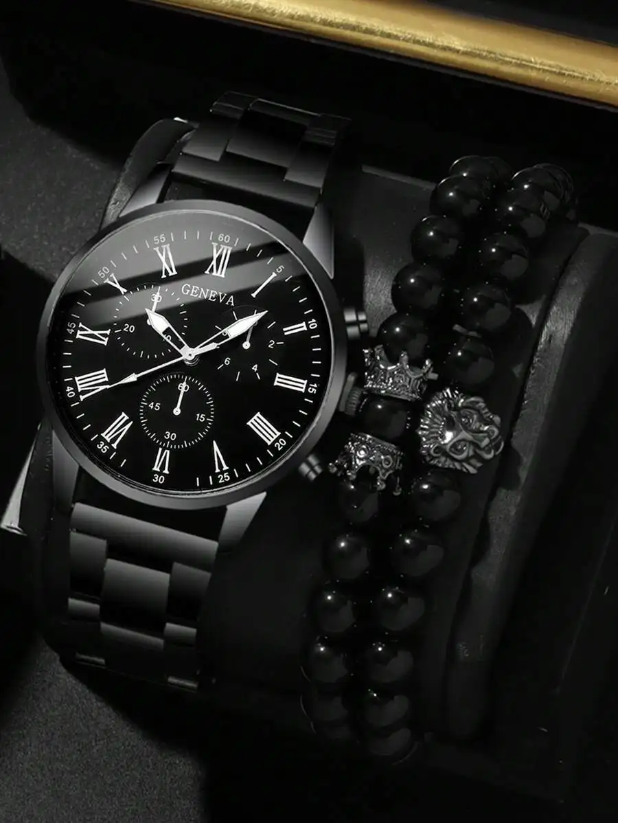

Набор из 3 мужских черных часов-хронографов с браслетами из бусин, ремешок из нержавеющей стали