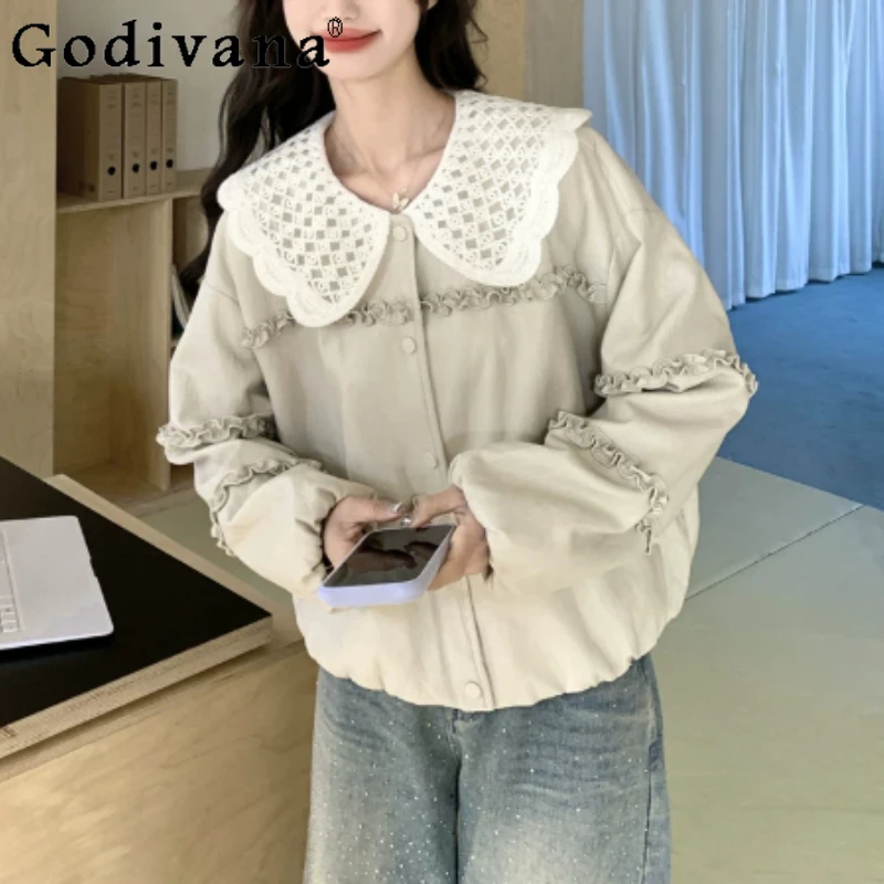 

Women Spring Autumn New Lace Peter Pan Collar Age-Reducing Short Jacket Sweet Ruffles Loose Versatile Long Sleeve Leisure Tops