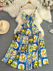 Beach Vacation Skirt with Suspended Strap Summer Gentle Wind, Waist Wrapped Sleeveless A-line Printed Dress Girl Dresses Leisure