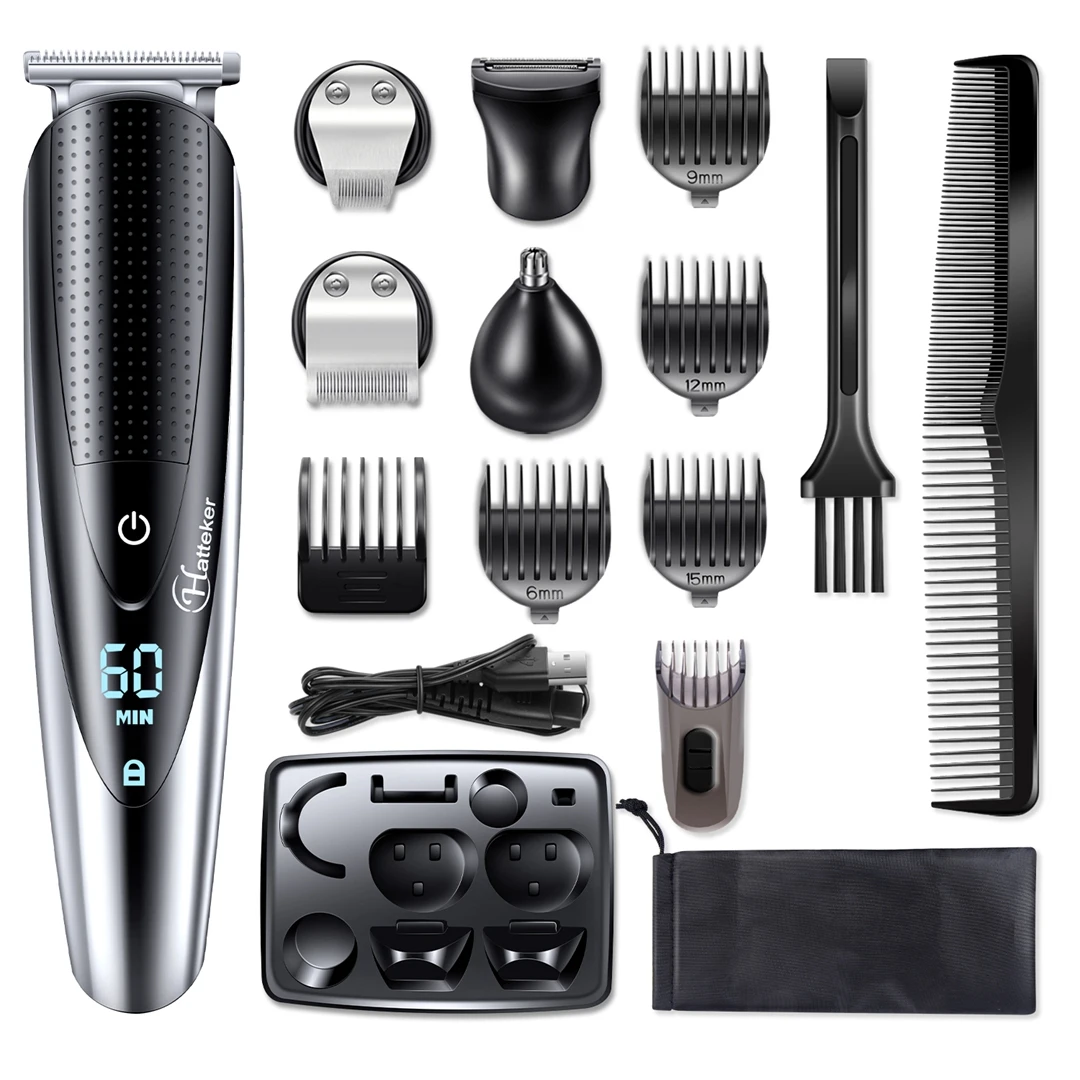 Surker 5-in-1 Multifunktions-Haarschneider Waschbarer Ölkopf-Trimmer Elektrischer Rasierer mit Display Pflegeset für Männer