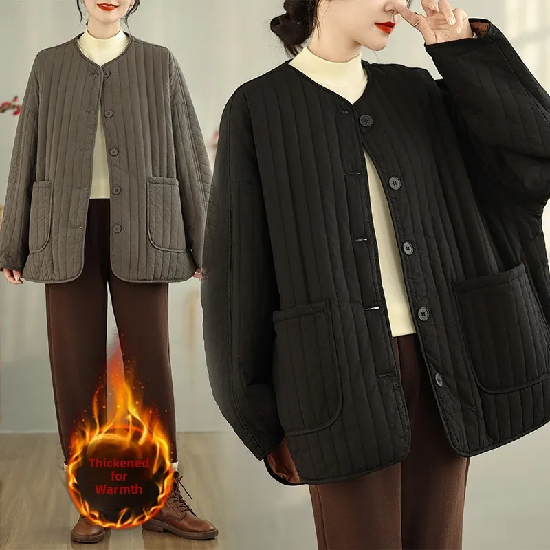 

Winter New Style European Retro round Neck Single Button Loose Casual Double Pocket Cotton Jacket Women's Fashion Commute