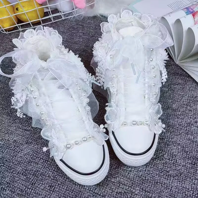 Hand-made high top white inner increase thick soles canvas shoes White pearl ribbon casual shoes large size women 35-40