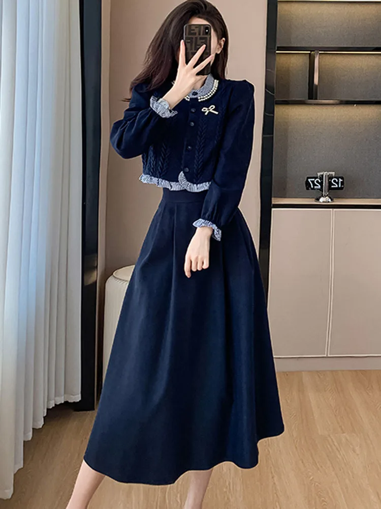 2023 Herbst mode zweiteilig Set koreanische Frauen Vintage Rüschen gestrickt Spleiß hemd Top A-Linie Midi Röcke elegante Outfits