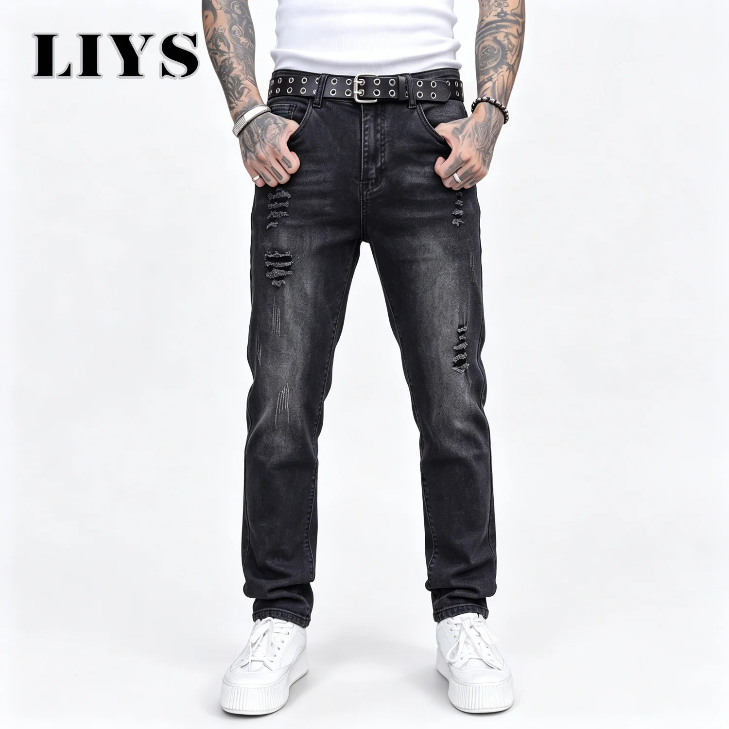 Men's Slim Fit Stretch Jeans Black Ripped Distressed Frayed Tapered Denim Pants Washed Streetwear Casual Vintage Trousers
