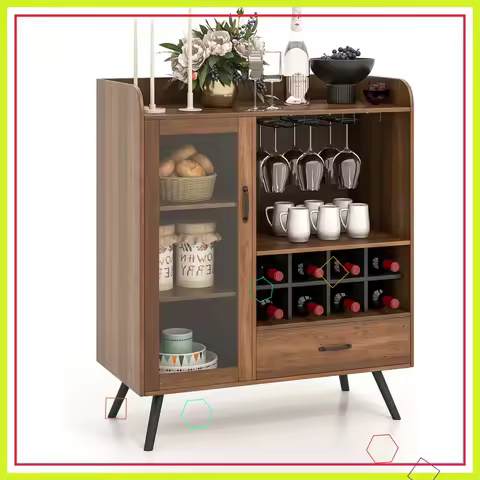 Farmhouse Coffee Bar Cabinet with Tempered Glass Door, 8-Grid Wine Rack &amp; Glass Holder, Rustic Brown Buffet Sideboard