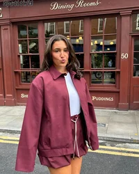 Women's Fashion Casual Wine Red Jacket Commuting Zipper Lapel Collar Long Sleeve Coat 2024 Autumn New Ladies Street Outerwear