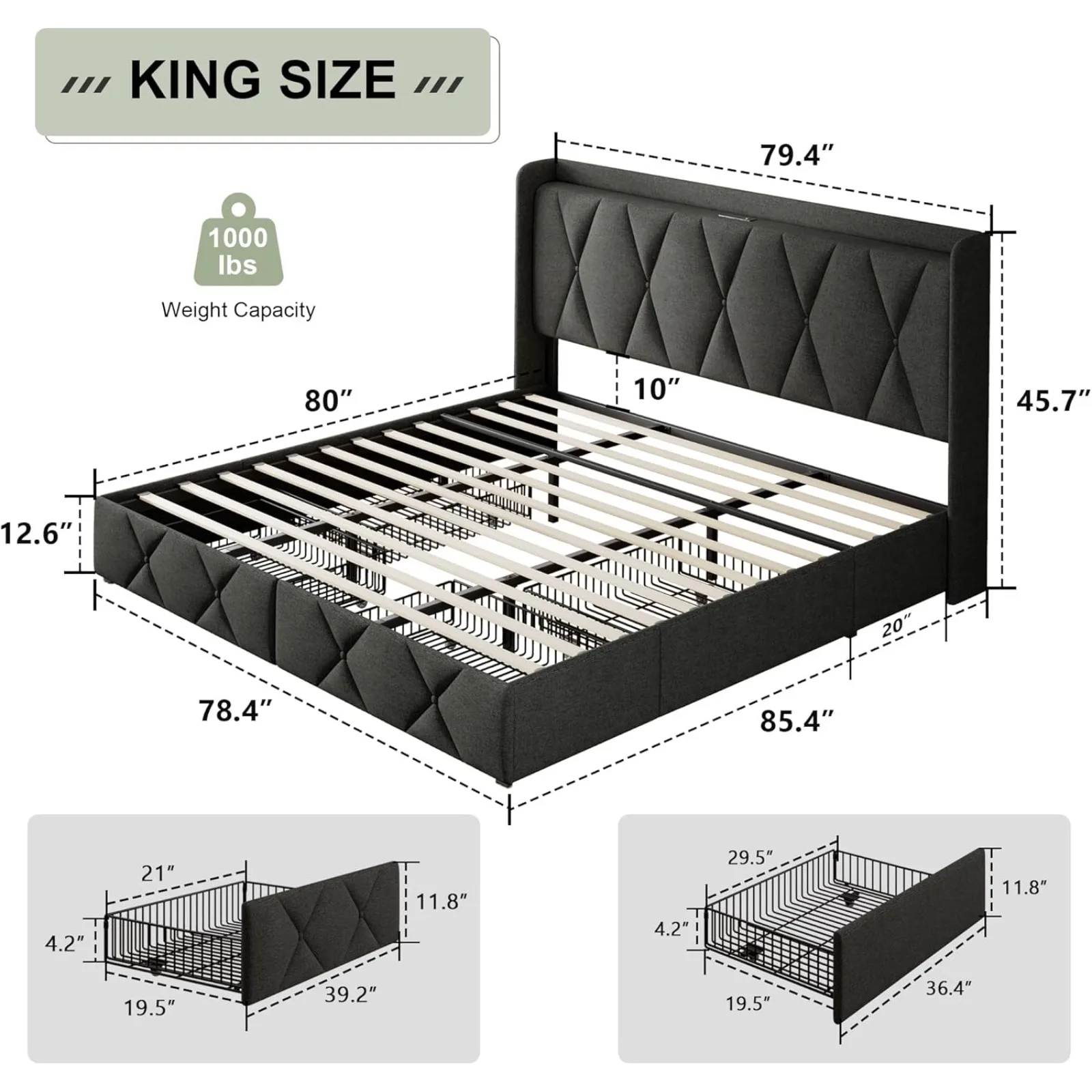 US King Bed Frame with 4 Storage Drawers, Upholstered Button Tufted Storage Headboard with Fast Charging