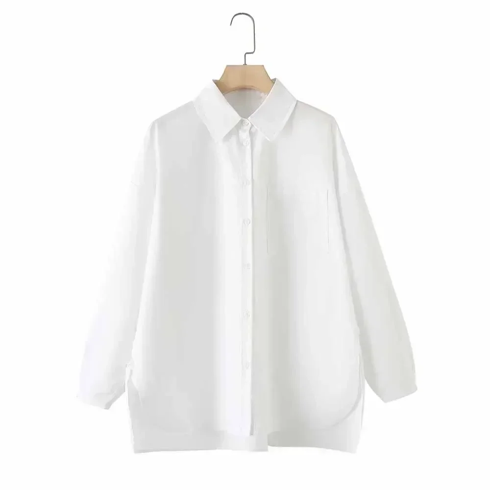 Chemise en coton à manches longues pour femmes, ourlet fendu, design ample, simple boutonnage, rétro, poche, haut chic, nouvelle mode, 2024