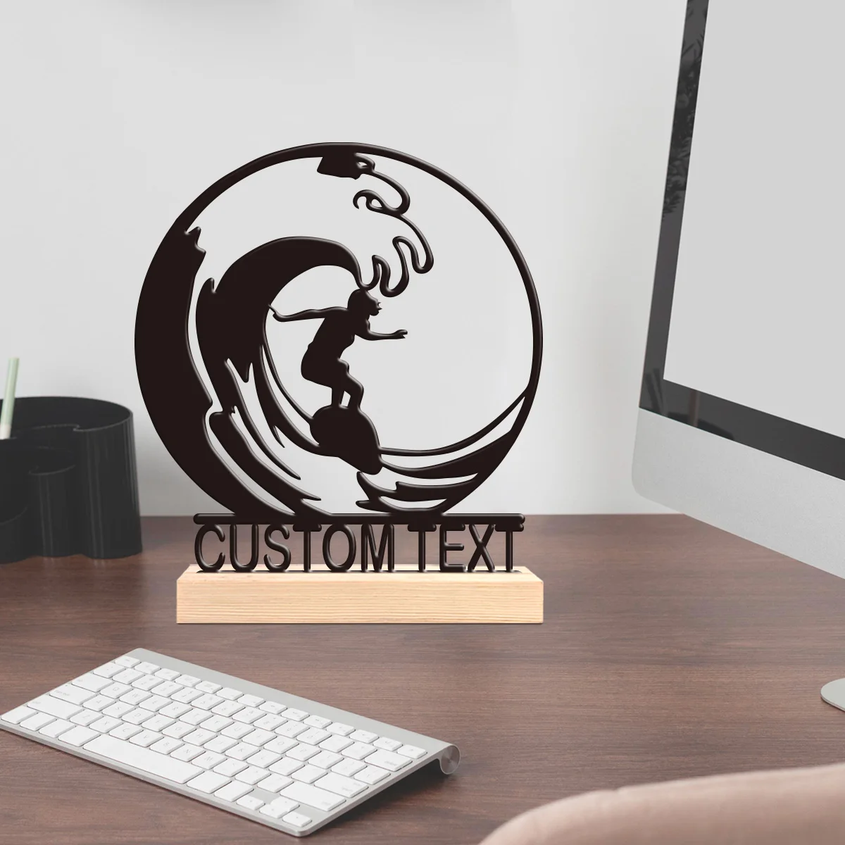 1pc Customizable Wrought Iron Desktop Decoration Custom Name With Wooden Base Decorative Gifts, Metal Statue Ornaments
