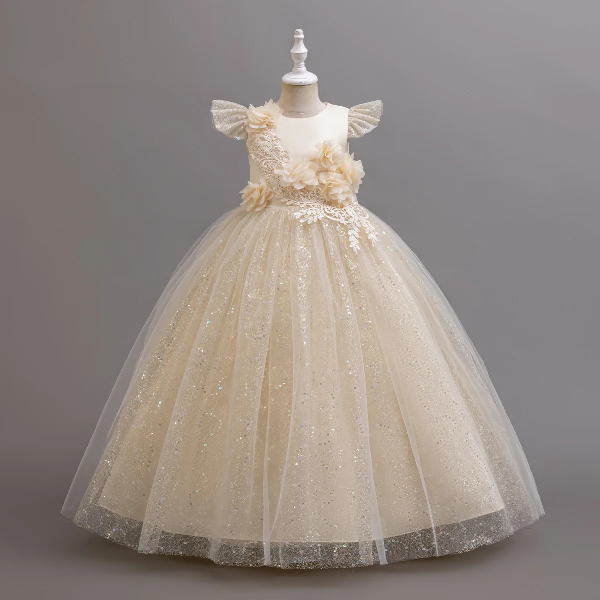 

Beautiful Kids Evening Dress Girl Dress Sequined Tulle 3D Flower Belt Long Gown Birthday Party Gathering Children Princess Skirt