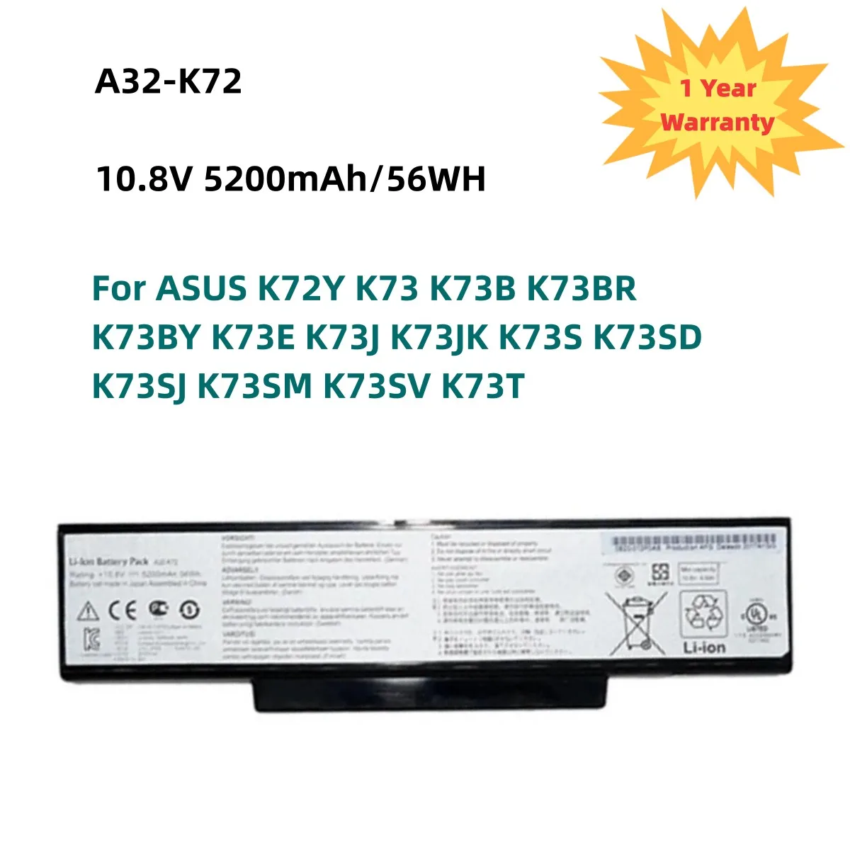 

A32-K72 Аккумулятор для ноутбука ASUS K72Y K73 K73B K73BR K73BY K73E K73J K73JK K73S K7 3SD K73SJ K73SM K73SV K73T 10,8 V 56WH