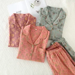 Spring Autumn New Ladies Women Pajamas Set Vintage Flower Printed Cotton Turn-down Collar Long-sleeve Trousers House Wear