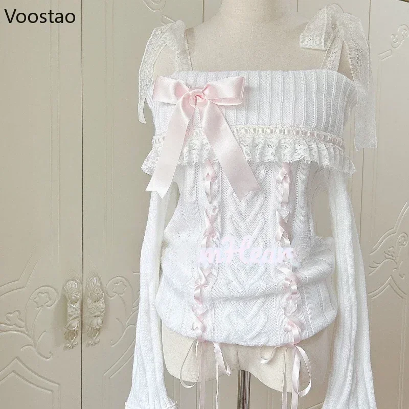 Jersey de punto estilo Lolita dulce japonés para mujer, cuello de barco Vintage, volantes de encaje, suéter de vendaje, Tops de punto lindos para