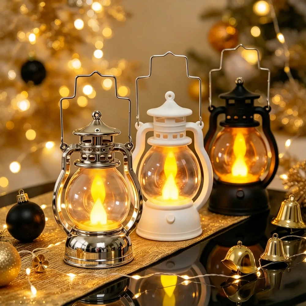 1pc Simulated Oil Lamp Night Light, Warm Yellow Light, with Handle, Desktop Christmas Decor Light for Home Display and Photo Pro