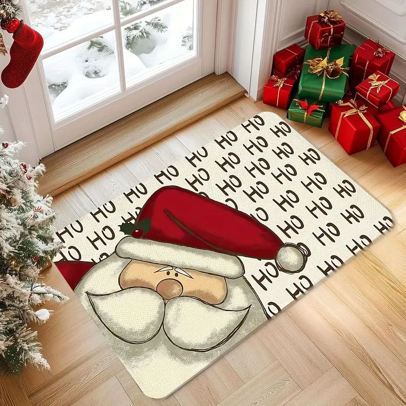 VIKAMA Christmas Entryway Doormat, Hand-Drawn Cartoon Santa Claus with “HO HO HO” Print, Non-Slip Decorative Rug, Home Decor
