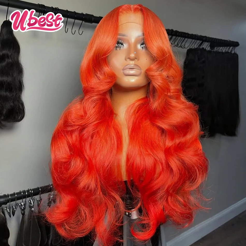 

Ubest Orange Red Colored Body Wave 13x6 Lace Front Wigs Brazilian 100％ Human Hair Transparent Glueless Wig Pre Plucked For Women