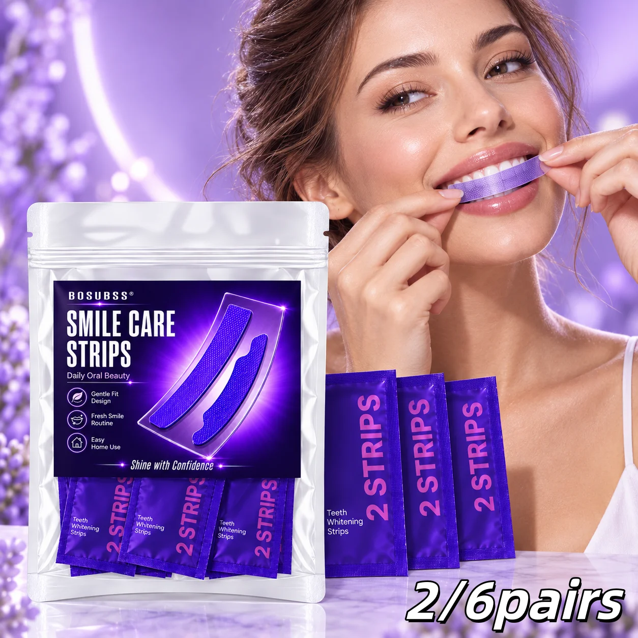 2/6 Pairs Purple Smile Care Strips, Oral Beauty Teeth Stickers, Gentle Fit Easy Home Use Fresh Smile Routine