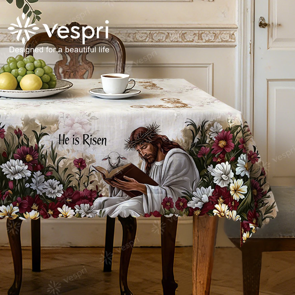 Vespri Oster-Tischdecke Weiß Beige Blumen Jesus Text Muster Rund Rechteckig Oval Tischdecke für Party Festival Dekoration