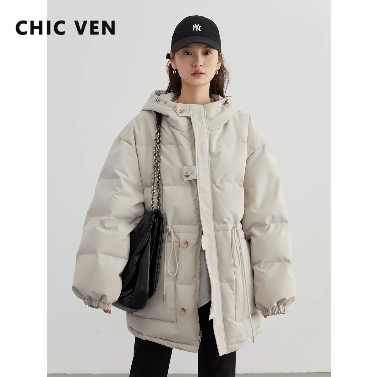 

CHIC VEN Women Down Coats Loose Casual New Hooded Solid Down Jacket Medium Length Bread Jacket Woman Overcoat Autumn Winter 2023