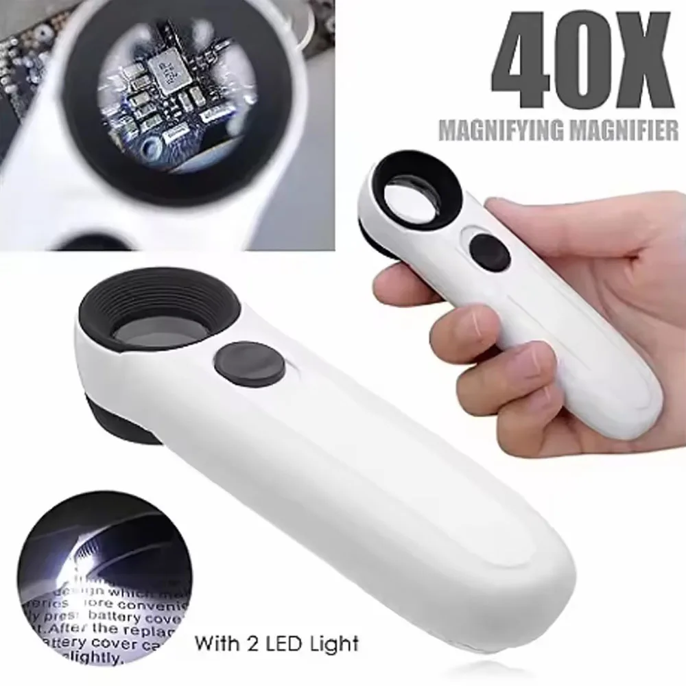 40X magnifying glass with 2 LED lights for inspecting maps, stamps, jewelry circuit boards, laptop with lamp magnifying glass