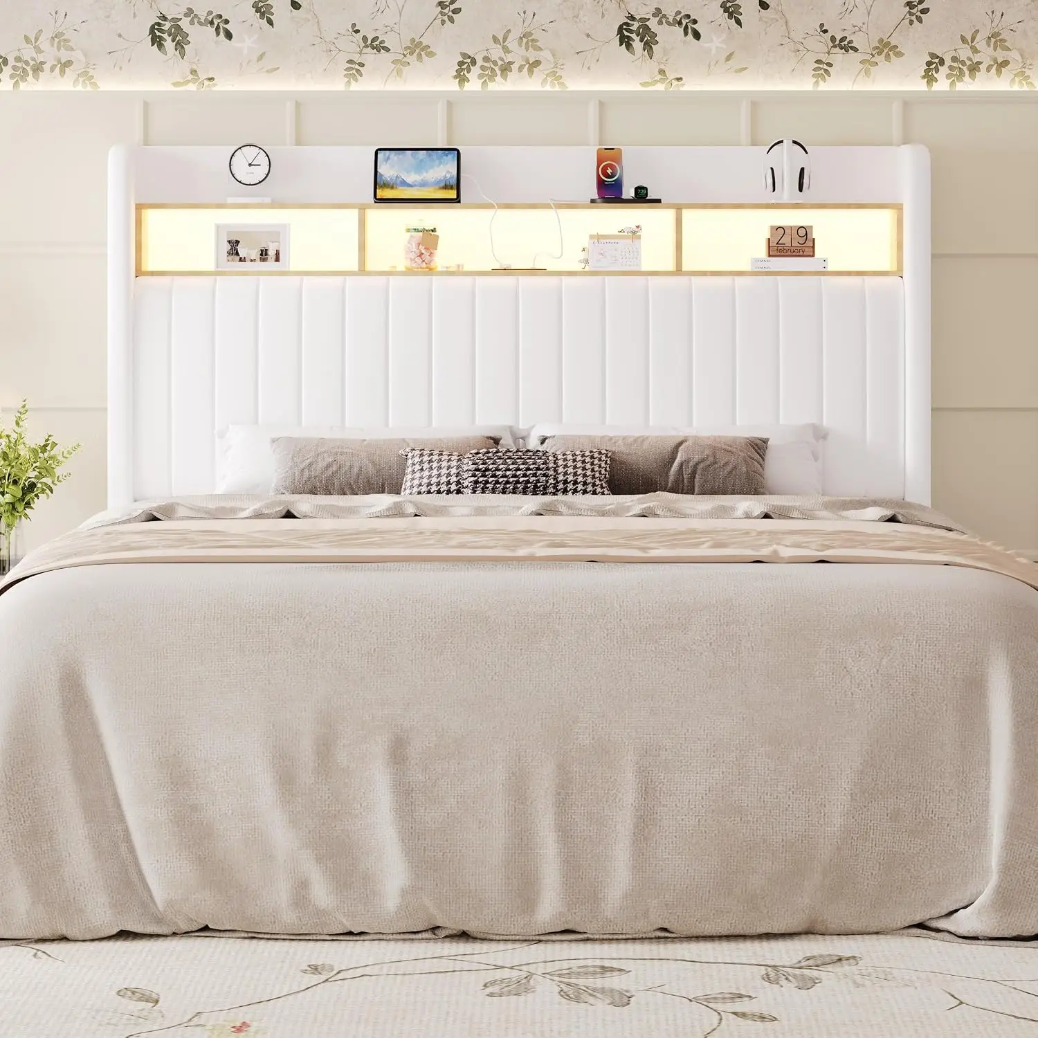 Queen Size Platform Bed Frame / 2-Tier Storage Shelf/Velvet Wingback Upholstered Headboard/LED Lights and Charging, Customized - view 3