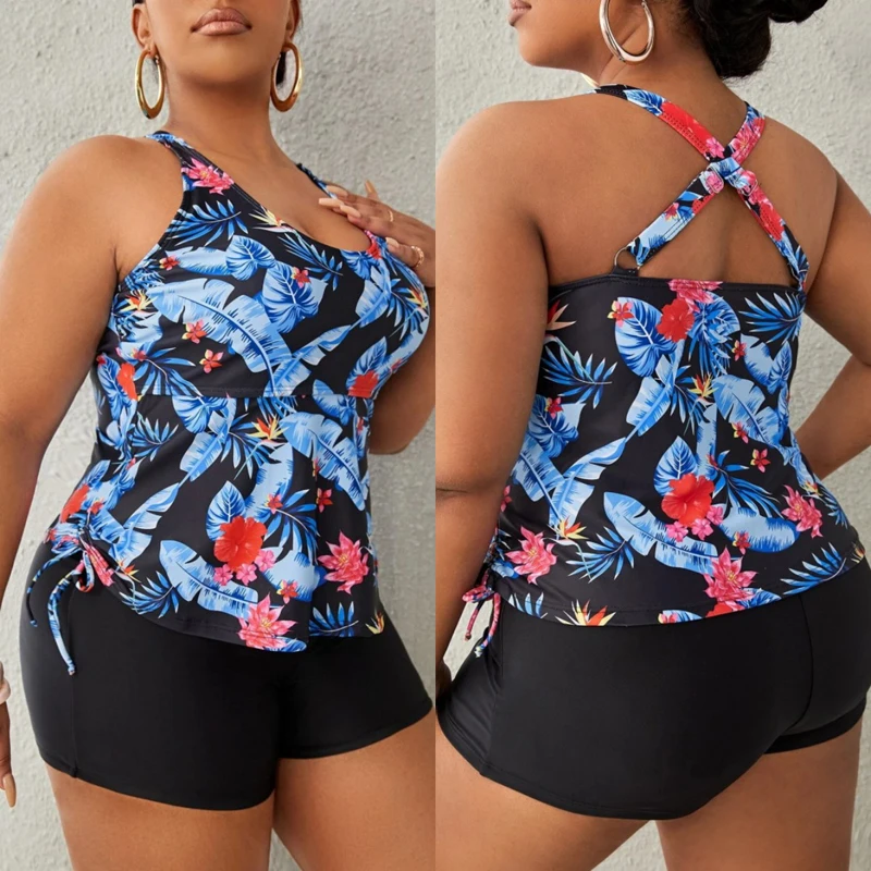 2023 New Plus Size Feminine Blue and Purple Tankini Flounce 2 Pieces Set Conservative Classic Swimwear Vintage Pattern Elegant