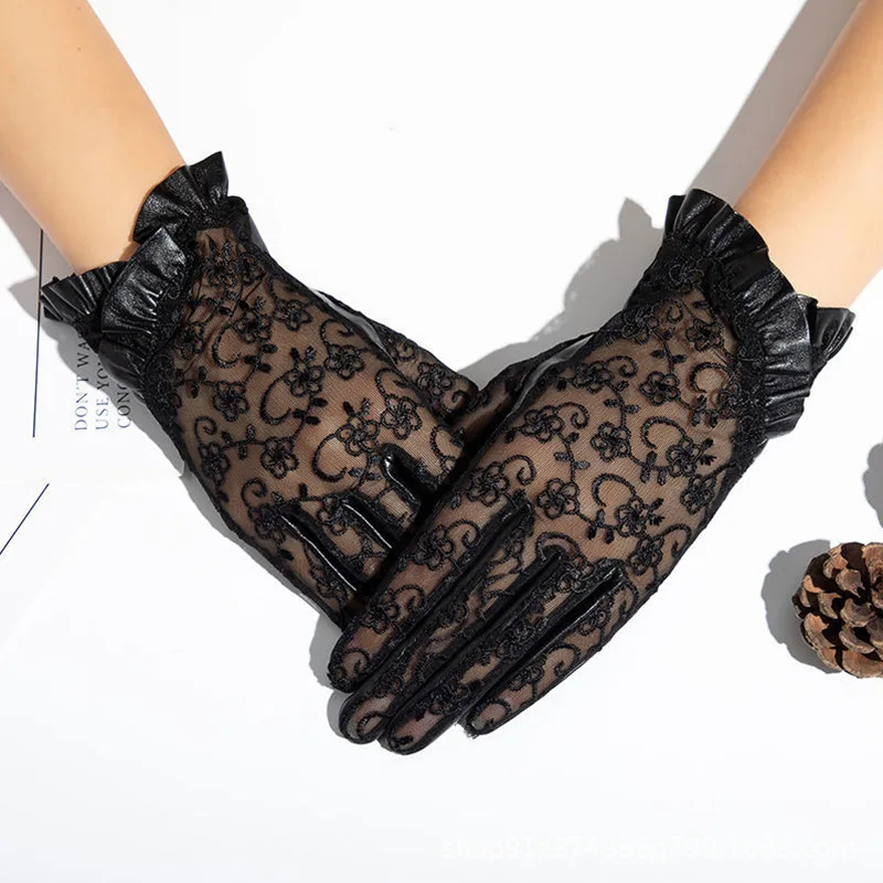 Spring Women Real Leather Gloves Ladies Elegant Gloves Women\'s Black Driving Gloves Anti-UV Touch Screen Lace Mittens 2021