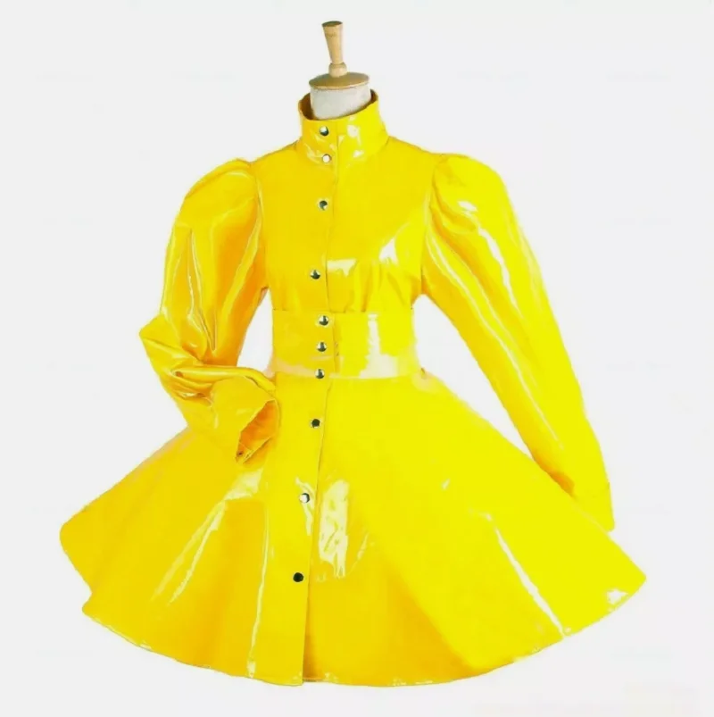 Maid Girl Sissy Abschließbares gelbes PVC-Langarmkleid Cosplay-Kostüme Maßgeschneidert