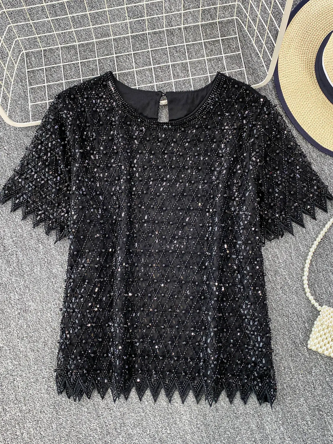 

Embellied Sequin round Ne T-irt Women Summer Design Netting Loose Slimming Top Quali Heavy Du Beading i...