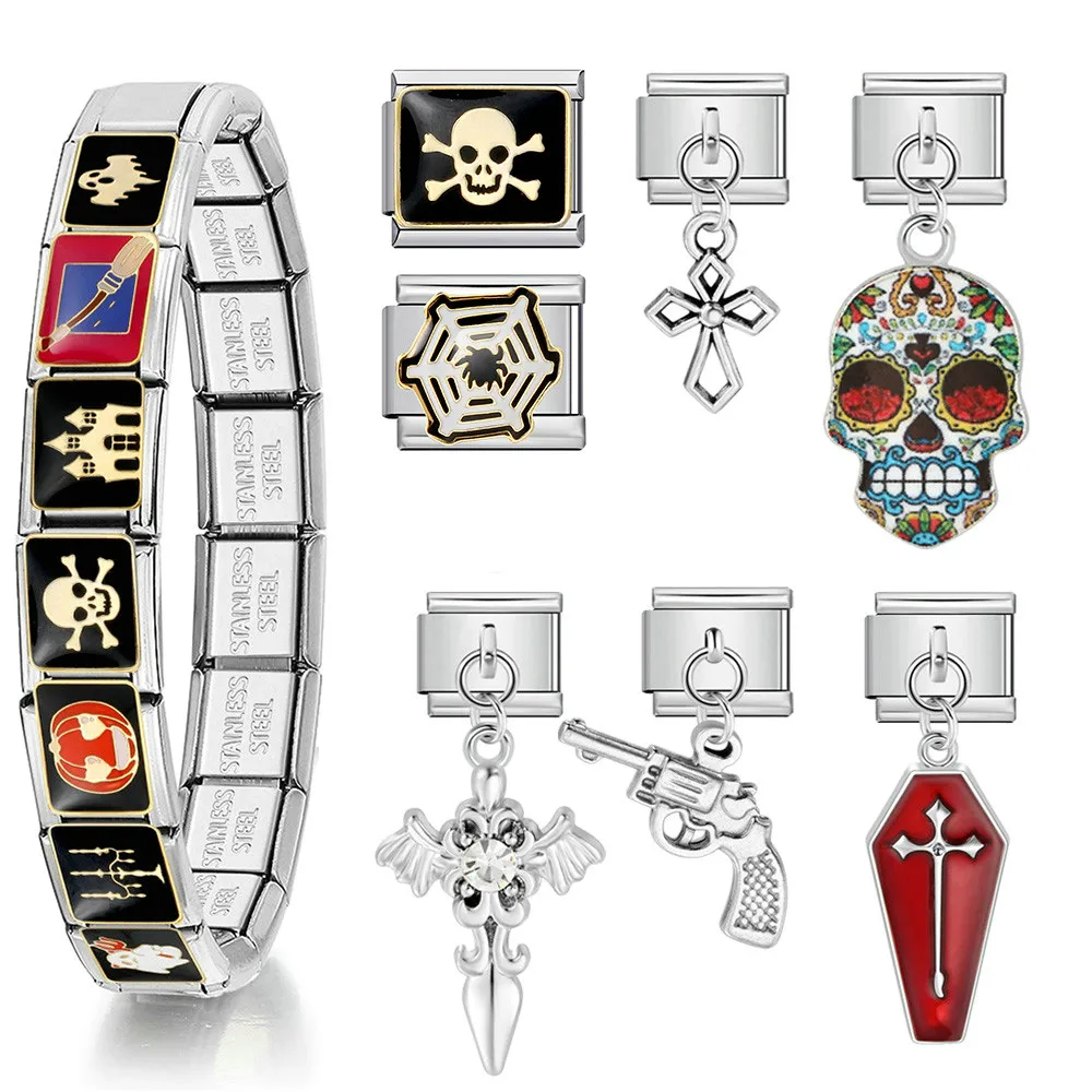 1 Stück elastischer Charms-Anhänger, Gothic-Halloween-Kollektion, italienische Gliederkette, passend für 9-mm-Armbänder, DIY-Schmuck aus Edelstahl – Detail 1