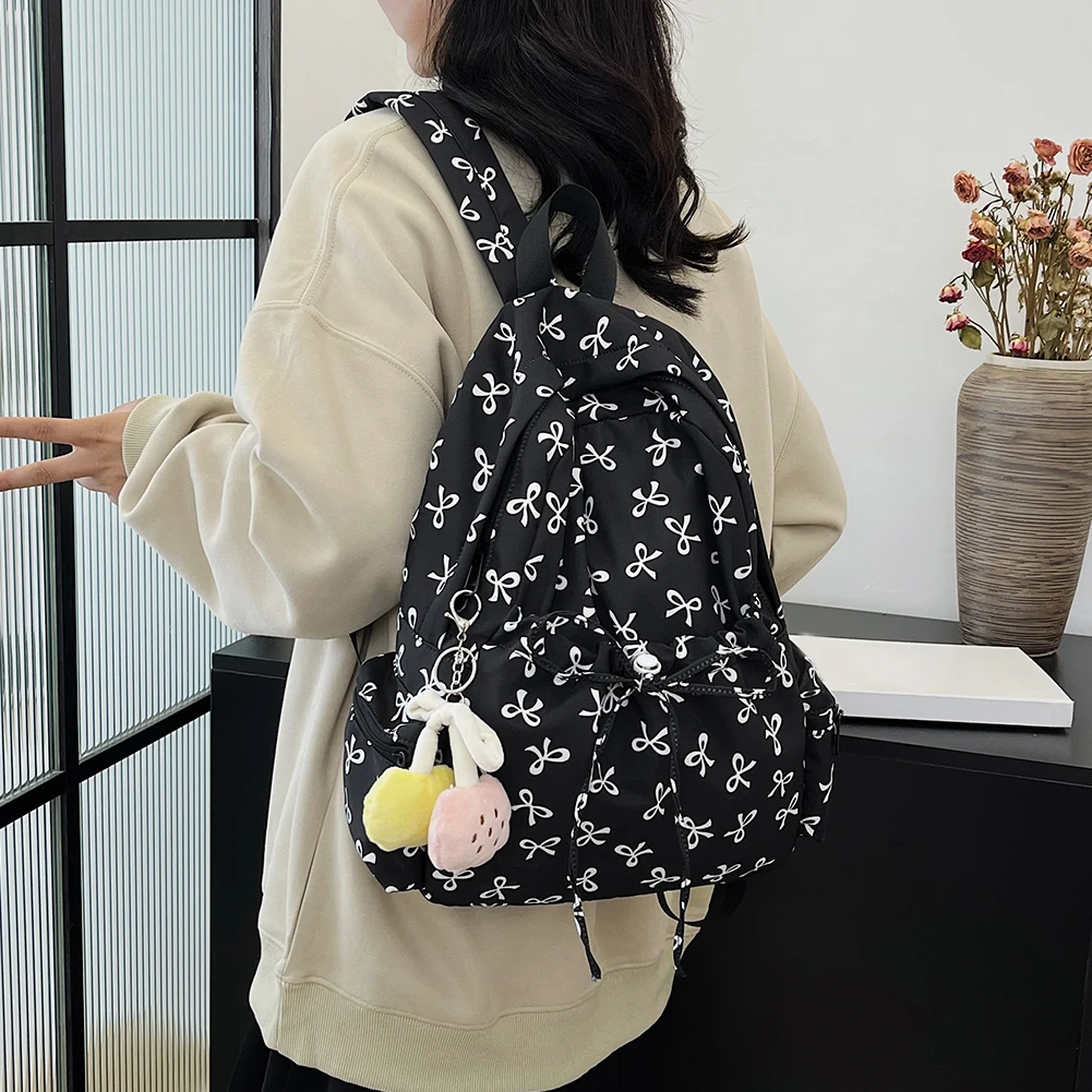 Nylon Cute Bow Print Backpack Adjustable Straps Multi-Pocket Large Capacity School Bag Harajuku Quilted Design