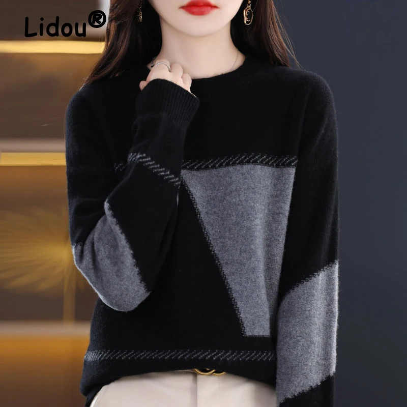 Autumn Winter New 2022 Korean Elegant Fashion Contrast Color Loose Warm Knitted Sweater Women Casual Pullover Top Female Clothes