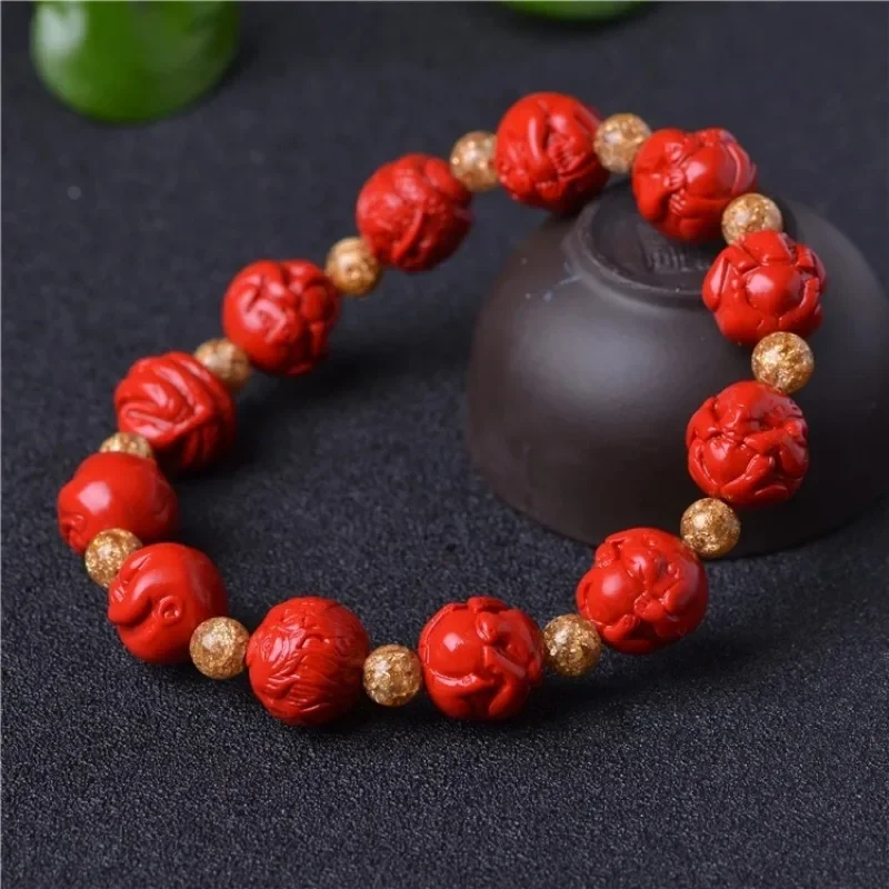 Chinese Natural Red Organic Cinnabar Zodiac Elastic Bracelet Beads Charm Jewellery Fashion Man Woman Lucky Amulet Gifts New