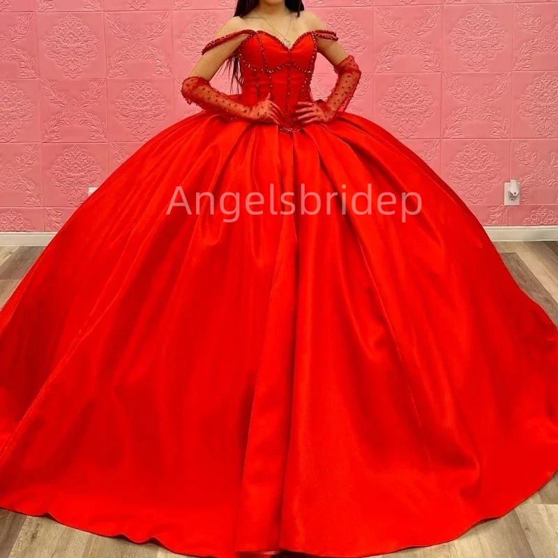 

Angelsbridep Vestidos De Graduación 2025 Red Satin Princess Ball Gown Sweet 16 Quinceanera Dress Evening Party Dresses